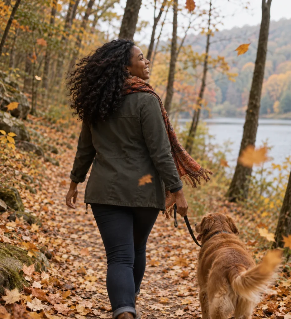 Woman smiling as she walks a wooded autumn trail with her dog