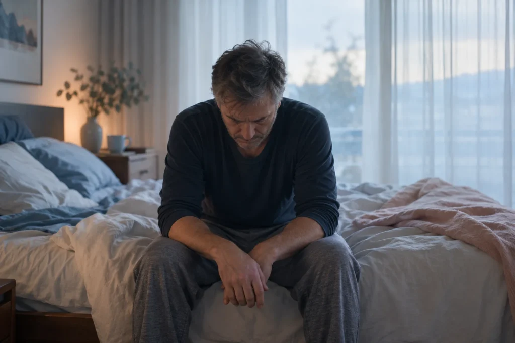Man sitting on the edge of a bed in the morning with his head down
