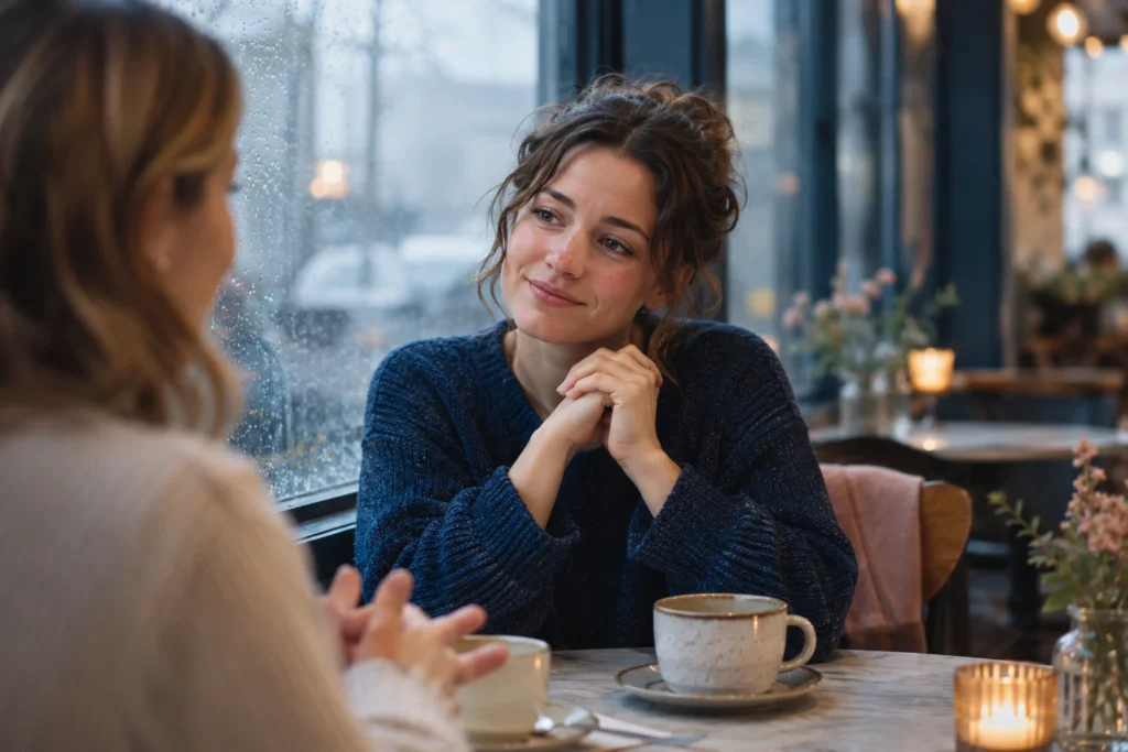 Two friends talking at a café table, one nodding with a polite smile