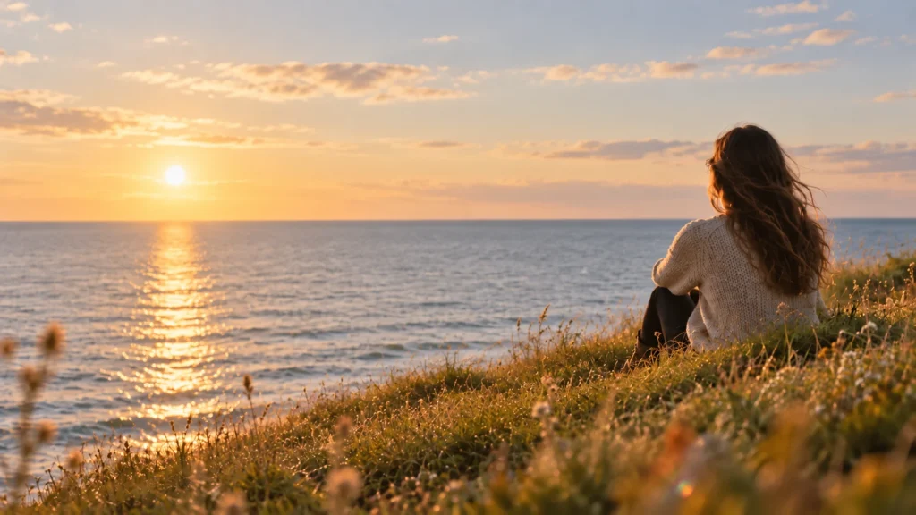 Woman sitting on a grassy bluff watching the sun set over the lake