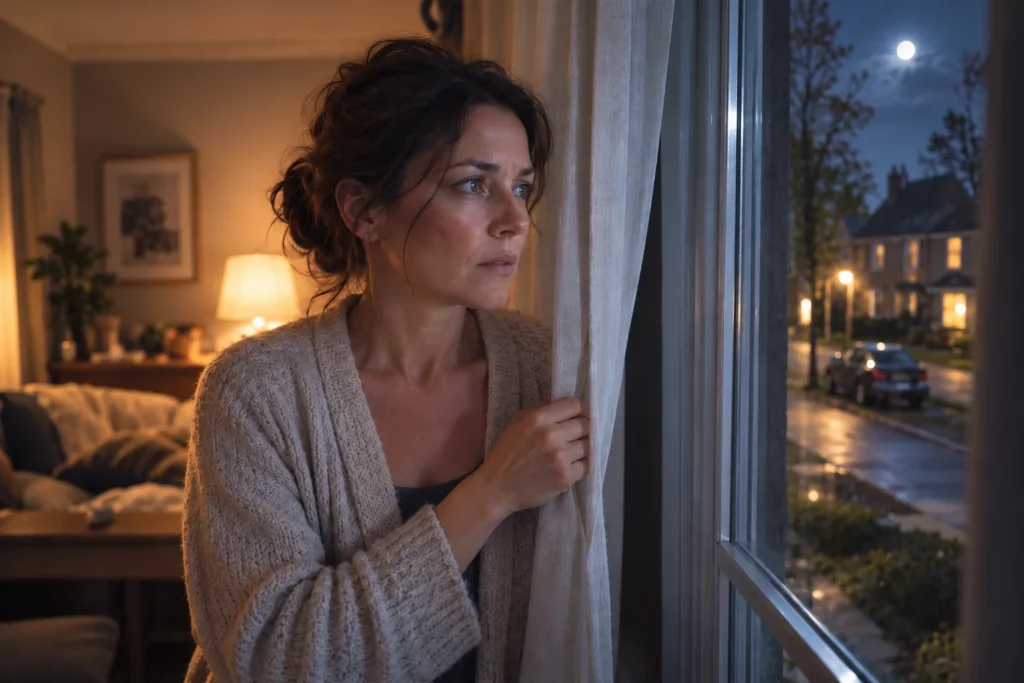 Woman at a dark window at night, holding the curtain open and looking out