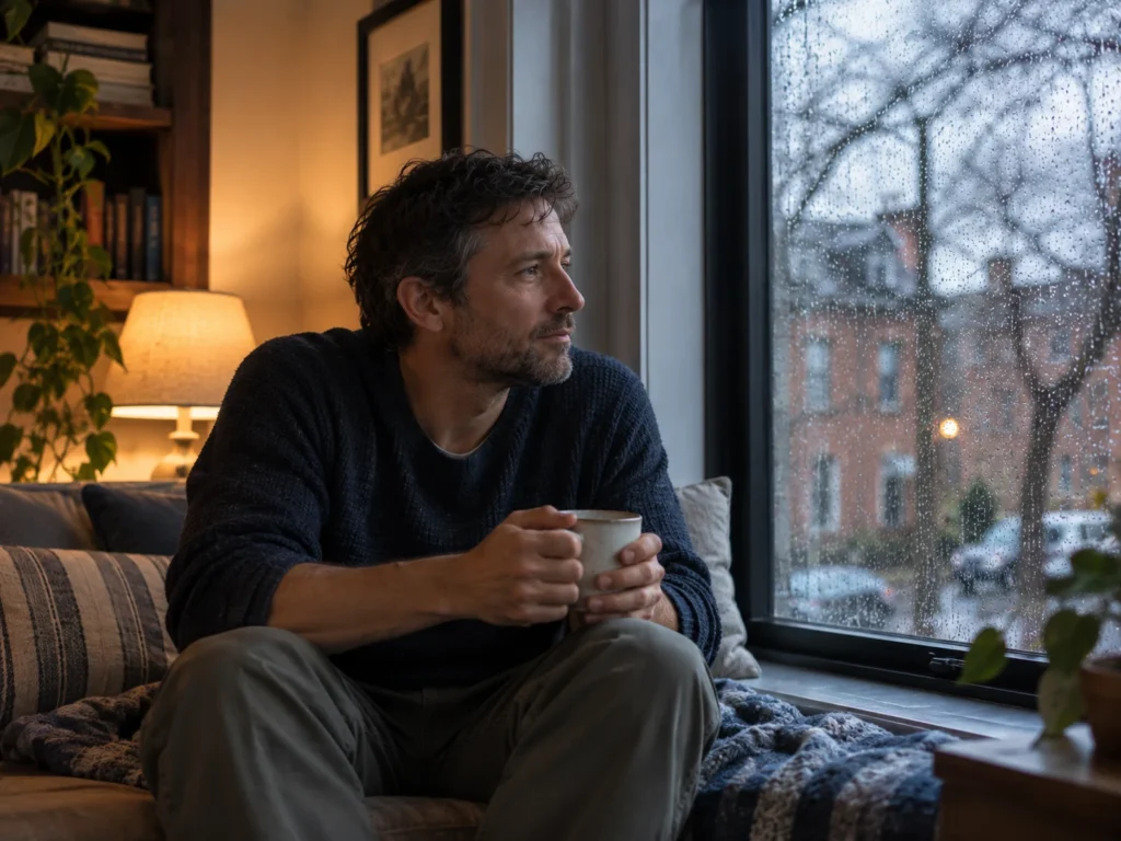 Man in a window seat on a rainy afternoon, holding a warm mug