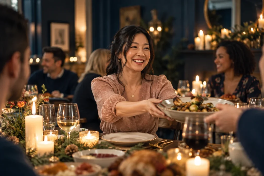 Woman passing a dish across a holiday dinner table, her own plate empty