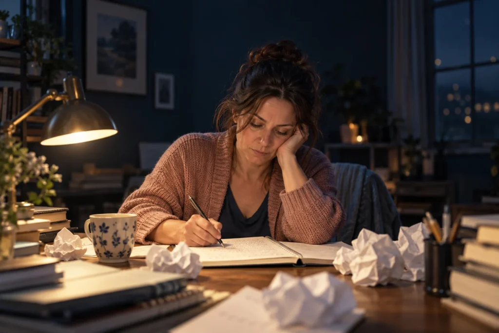 Woman rewriting a line in a notebook late at night, crumpled pages around her