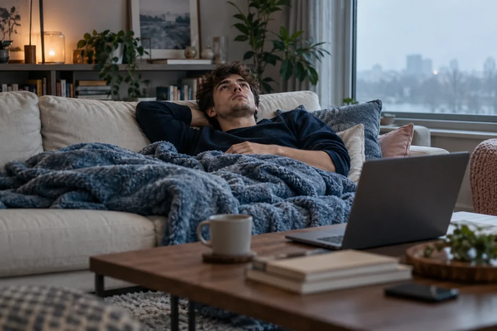 Young man lying on a couch staring at the ceiling, laptop waiting nearby