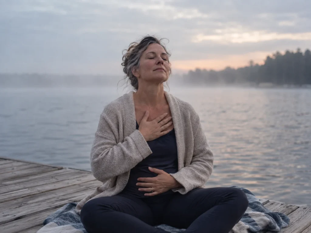 Woman on a dock in the morning mist, eyes closed, hand on her chest