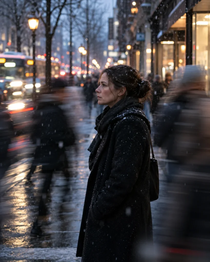 Woman standing still on a snowy city sidewalk as people rush past
